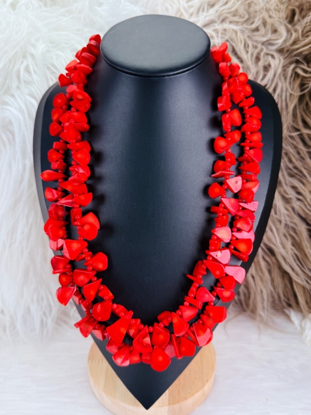 Vivid Red Multi Strand Chip Bead Statement Necklace Boho Resort Jewelry